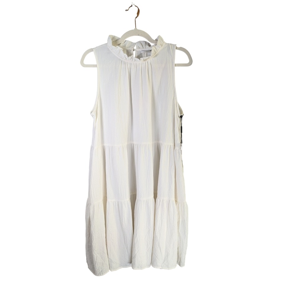 Calvin Klein Dress Women 14 Cream Tiered Ruffle Neck Mini Dress Pockets NEW